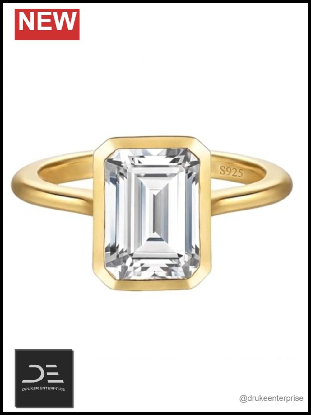 14k Gold Plated 925 Sterling Silver Emerald Cut Engagement Ring